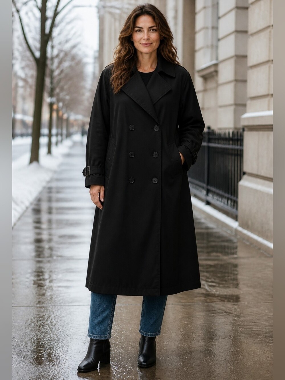 Larry Levine Classics Women's Black Double-Breasted Trench Rain Coat 22W